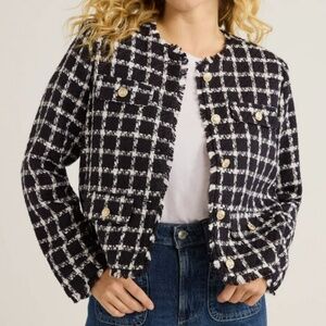 Free Assembly XL 16 18 Blazer Jacket Black Plaid Tweed Fringe Gold Buttons
